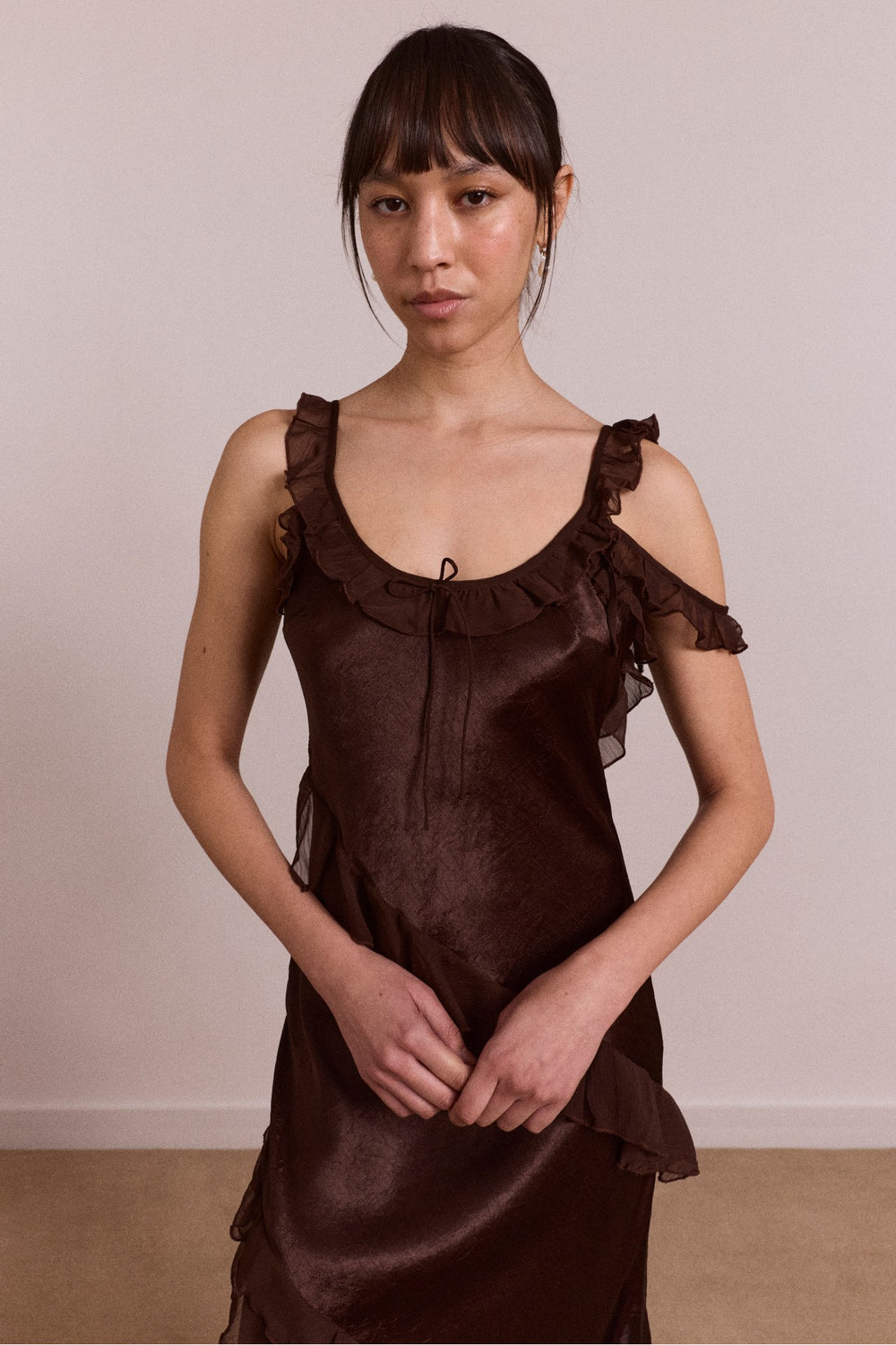 Damson Madder carmen midi ruffle dress with sheer top - choc