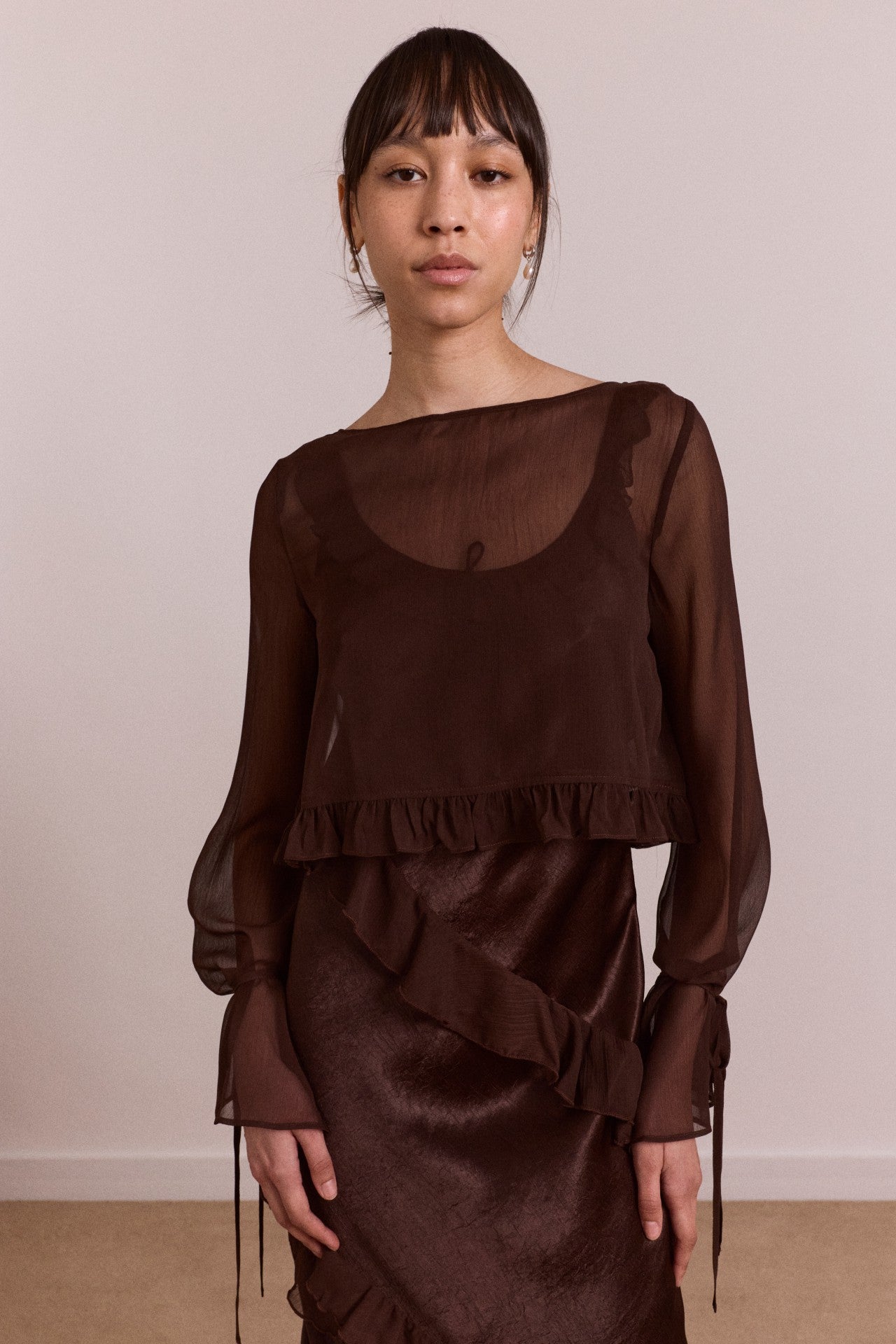 Damson Madder carmen midi ruffle dress with sheer top - choc