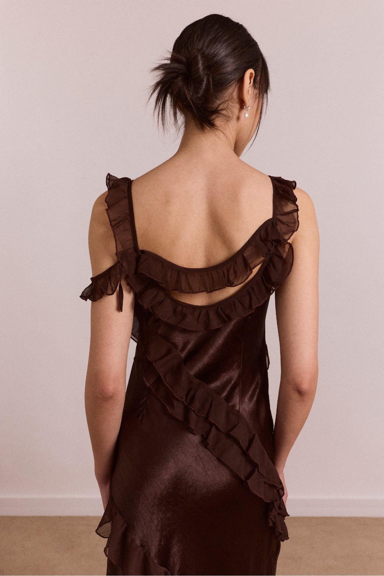 Damson Madder carmen midi ruffle dress with sheer top - choc