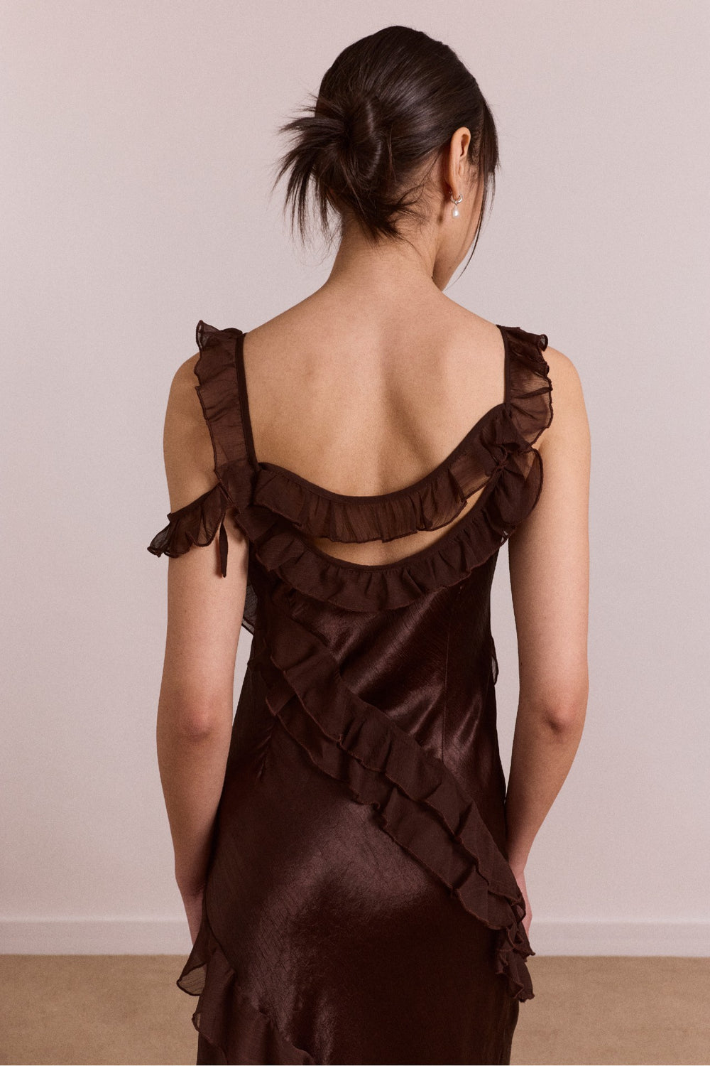 Damson Madder carmen midi ruffle dress with sheer top - choc