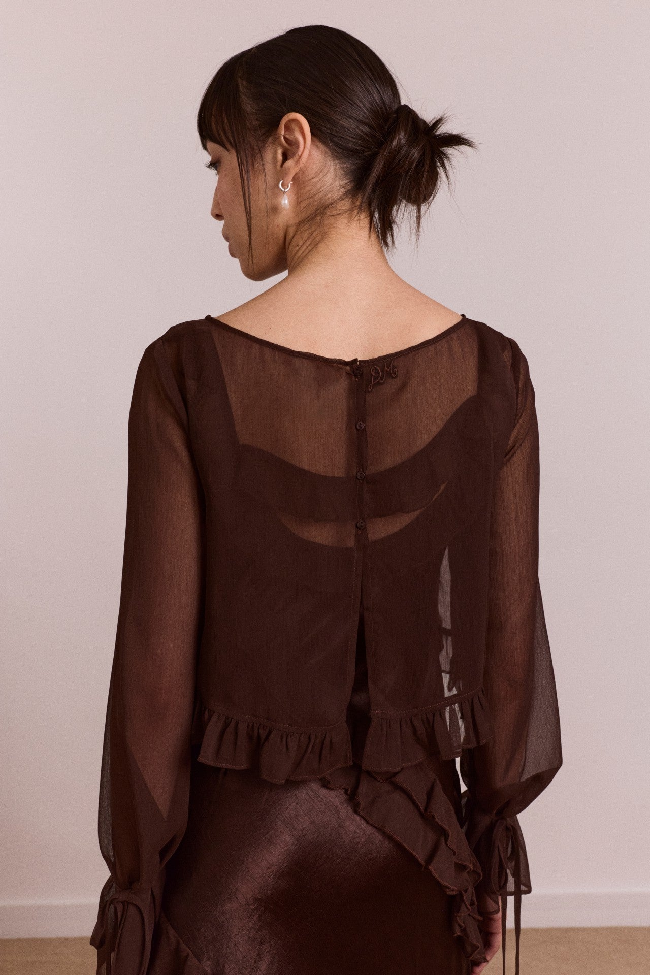 Damson Madder carmen midi ruffle dress with sheer top - choc