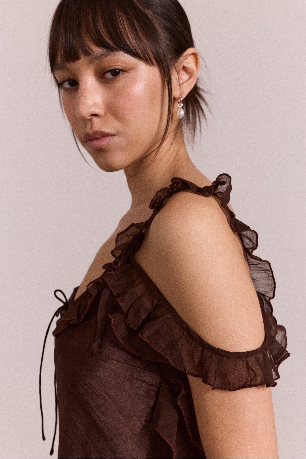 Damson Madder carmen midi ruffle dress with sheer top - choc