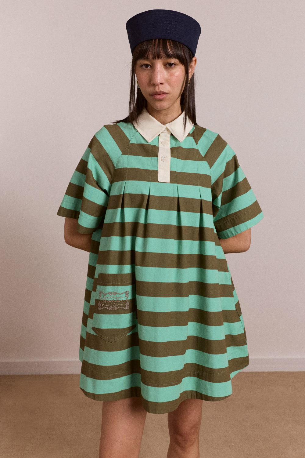 Damson Madder maggie mini polo dress - aqua olive stripe