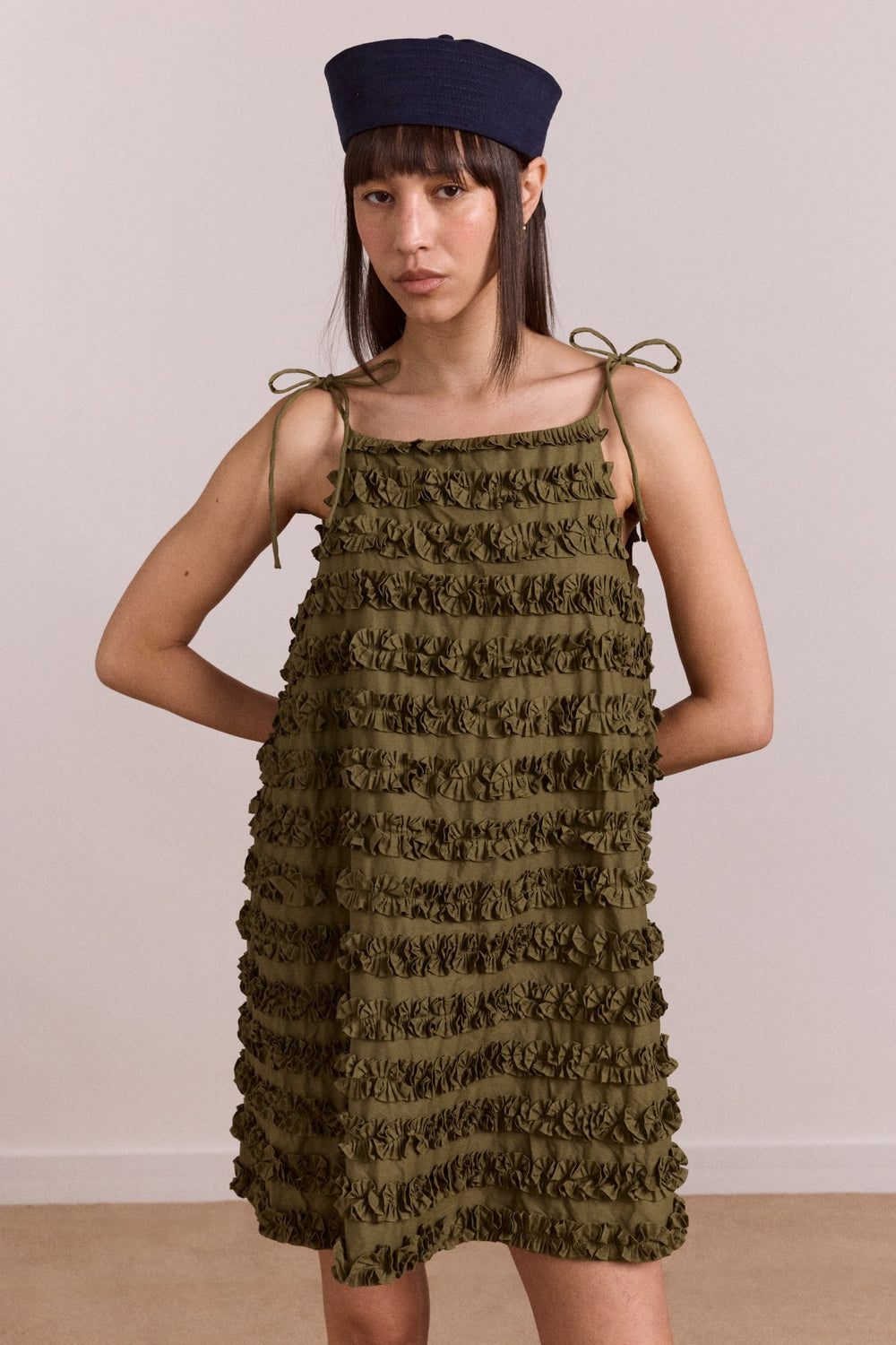 Damson Madder leili ruffle mini dress- olive