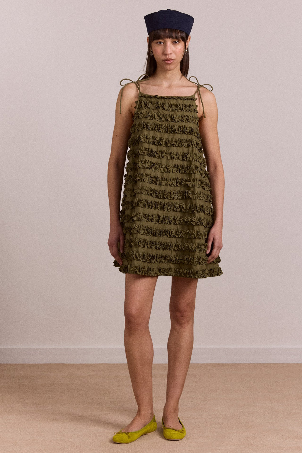 Damson Madder leili ruffle mini dress- olive