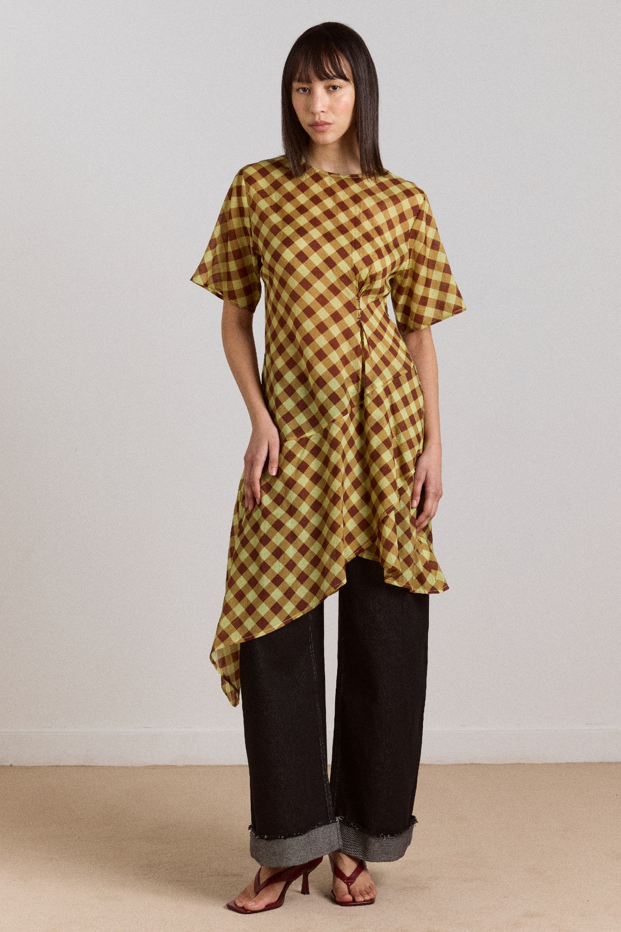Damson Madder harmony sheer midi dress - choc avo gingham