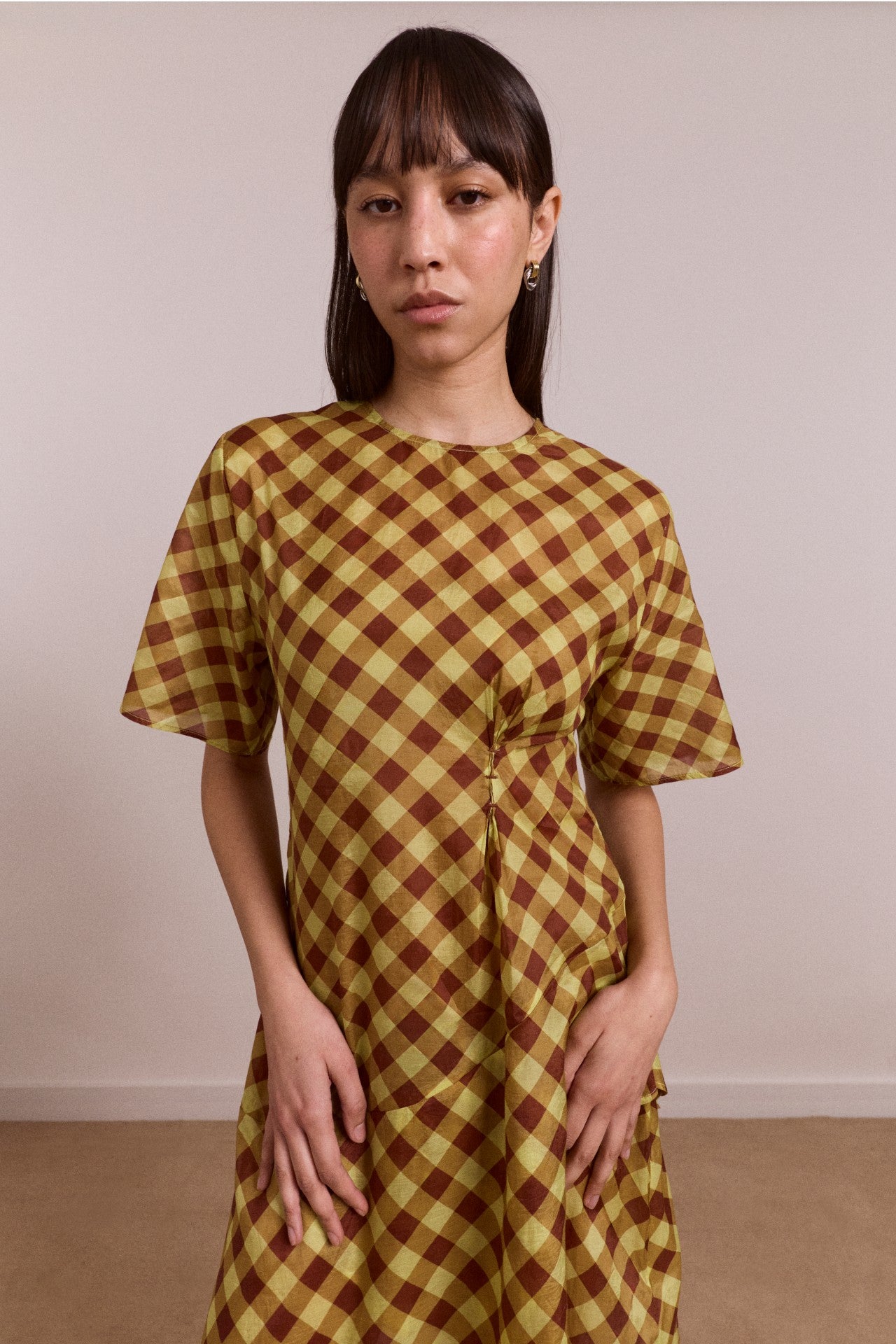 Damson Madder harmony sheer midi dress - choc avo gingham