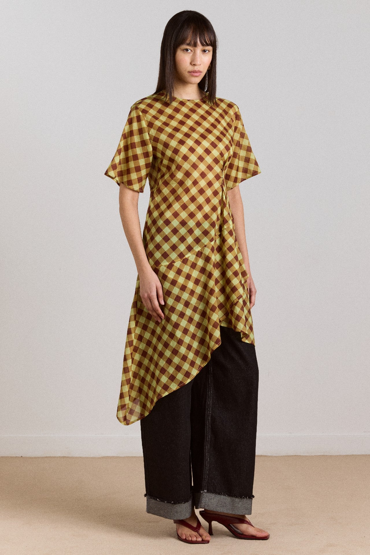 Damson Madder harmony sheer midi dress - choc avo gingham
