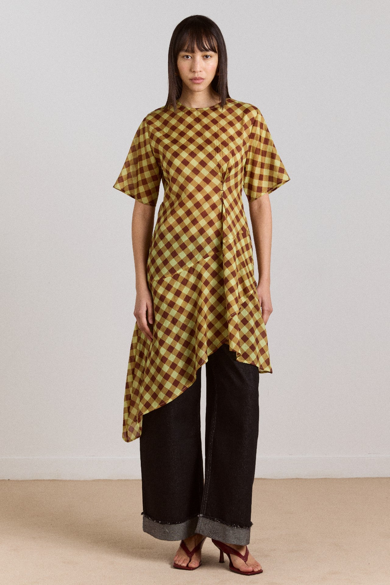 Damson Madder harmony sheer midi dress - choc avo gingham