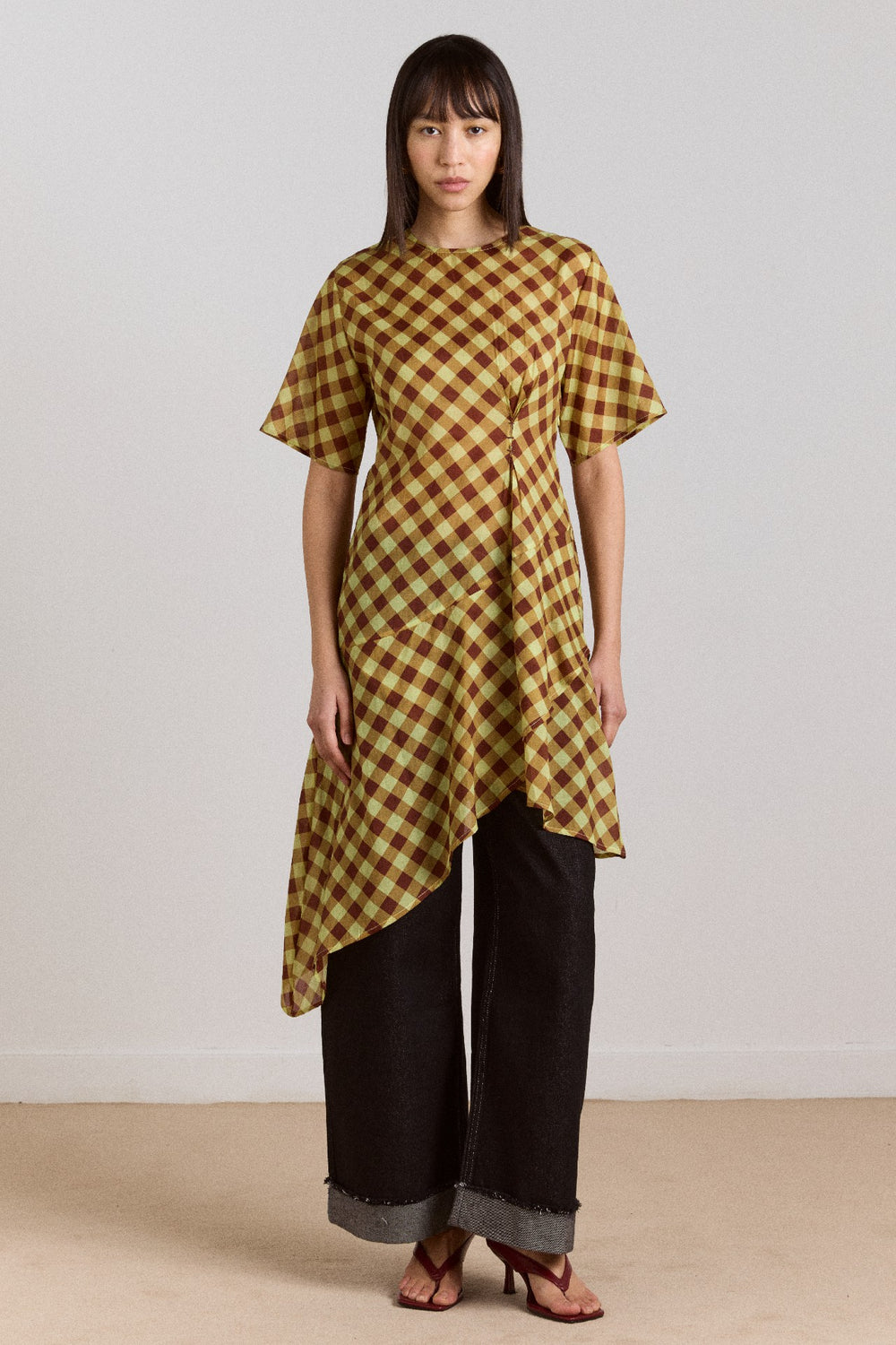 Damson Madder harmony sheer midi dress - choc avo gingham