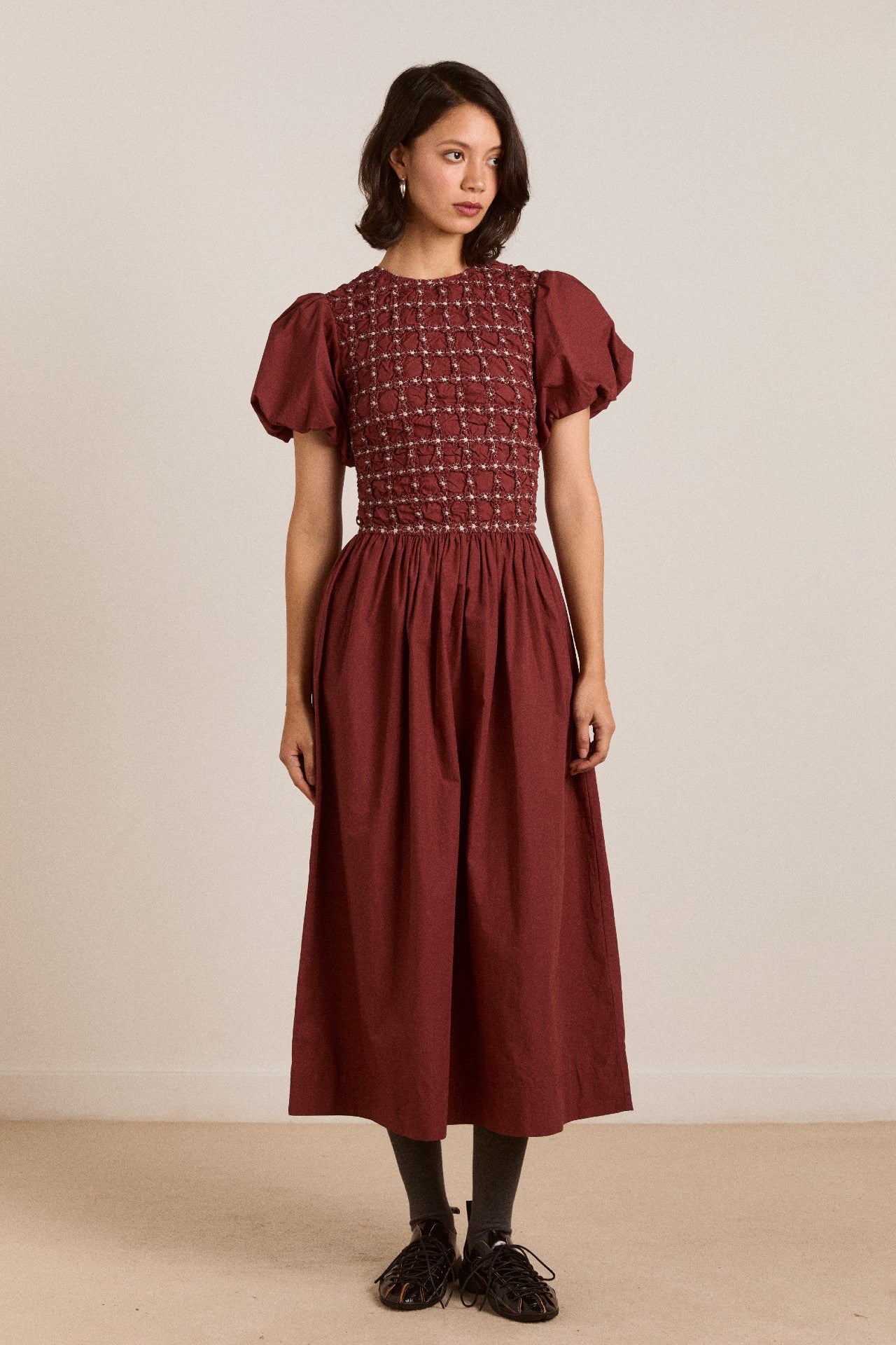 Damson Madder audrey midi dress - burg/butter stitching