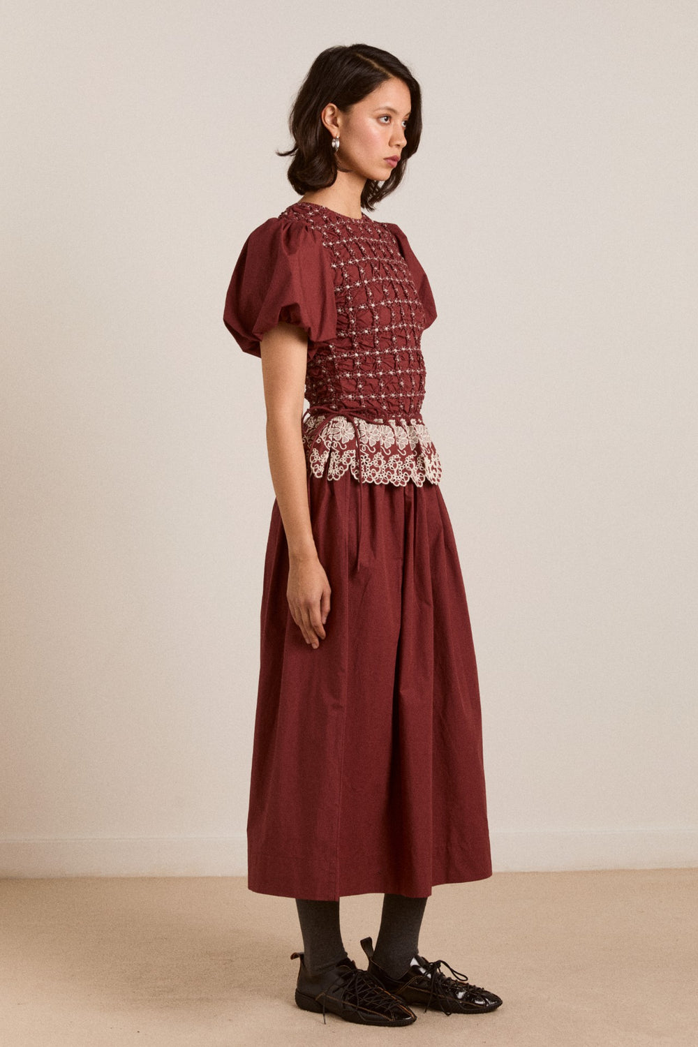Damson Madder audrey midi dress - burg/butter stitching