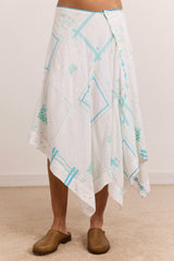 Damson Madder corinne hanky hem midi skirt - white/blue embroidery
