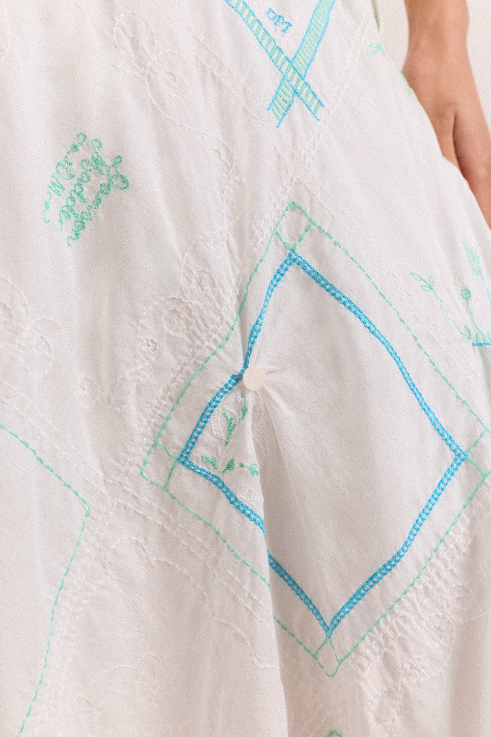 Damson Madder corinne hanky hem midi skirt - white/blue embroidery