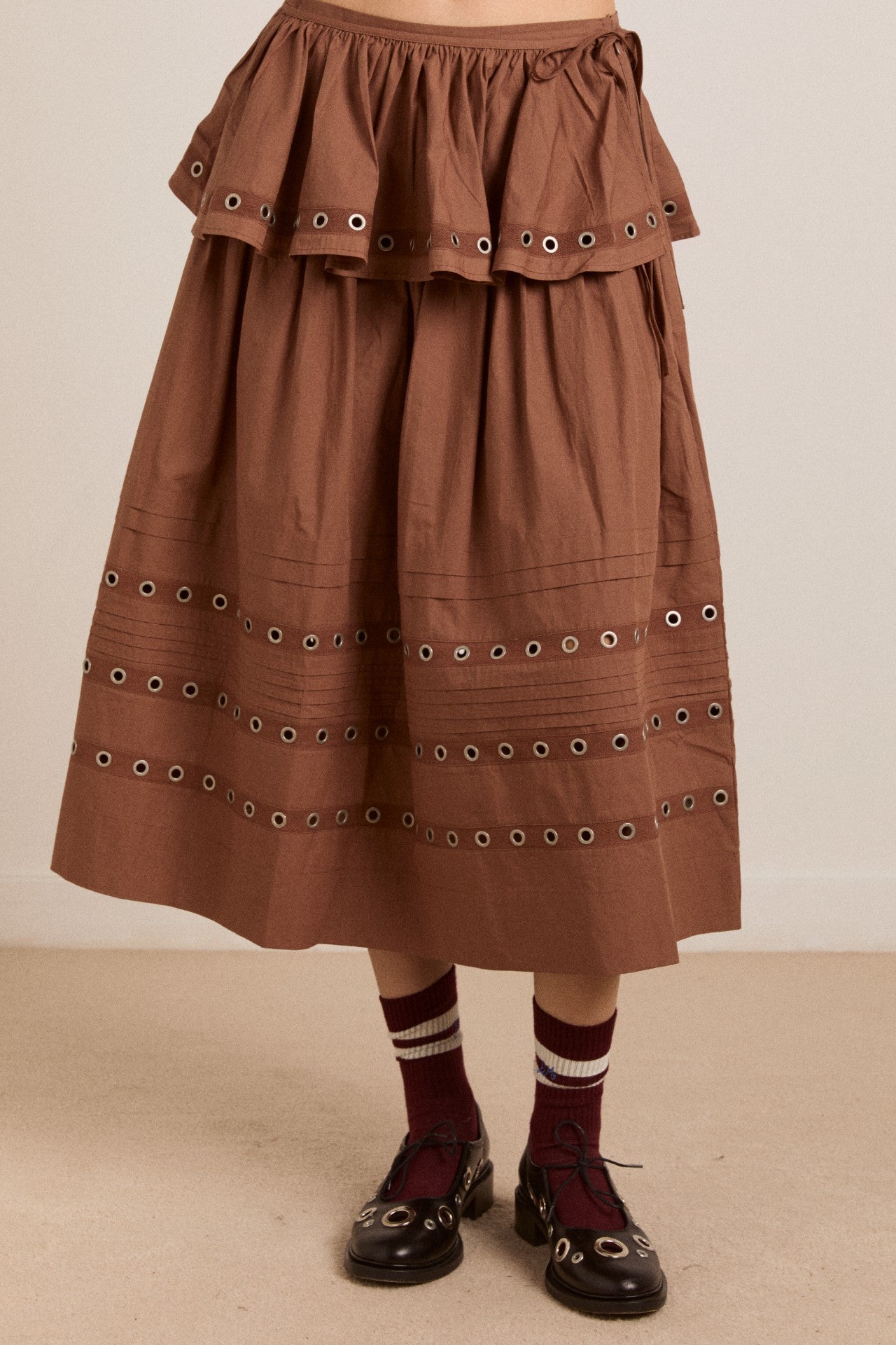 Damson Madder anika eyelet skirt with ruffle belt- tan