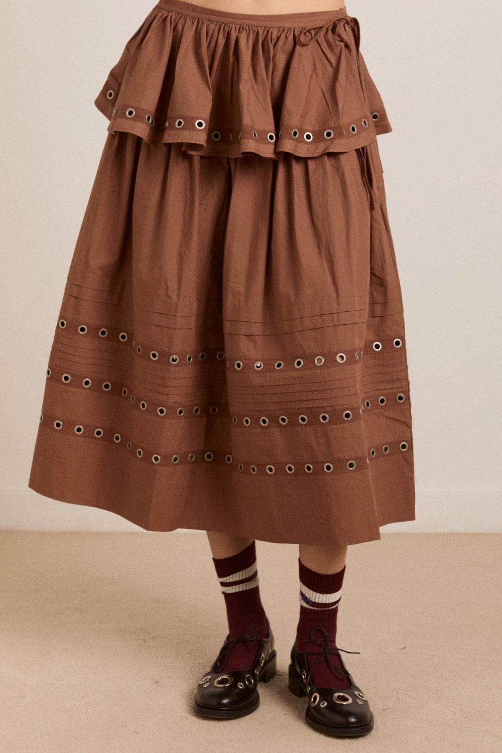Damson Madder anika eyelet skirt with ruffle belt- tan