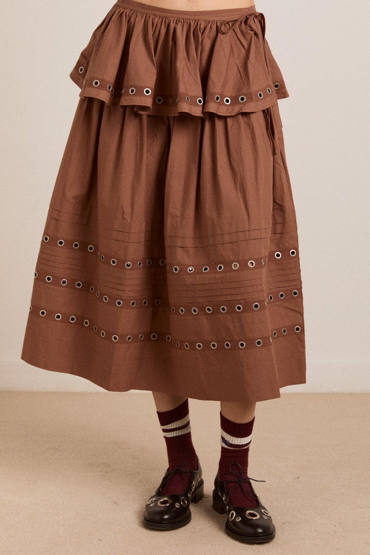 Damson Madder anika eyelet skirt with ruffle belt- tan