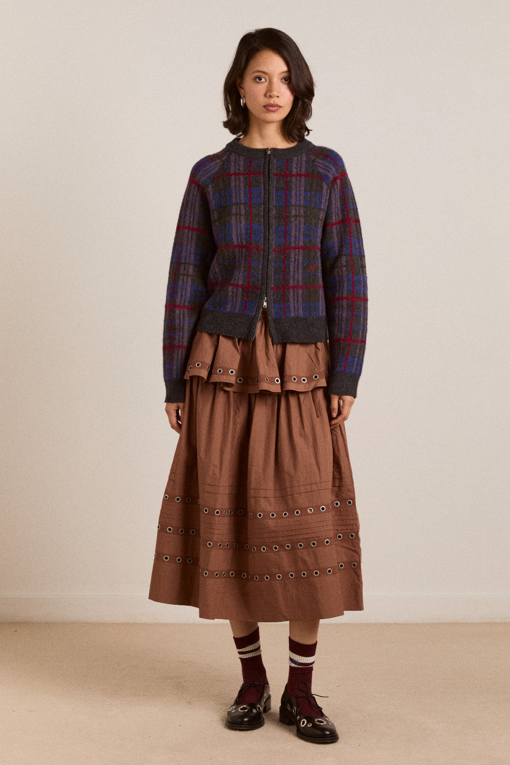 Damson Madder anika eyelet skirt with ruffle belt- tan