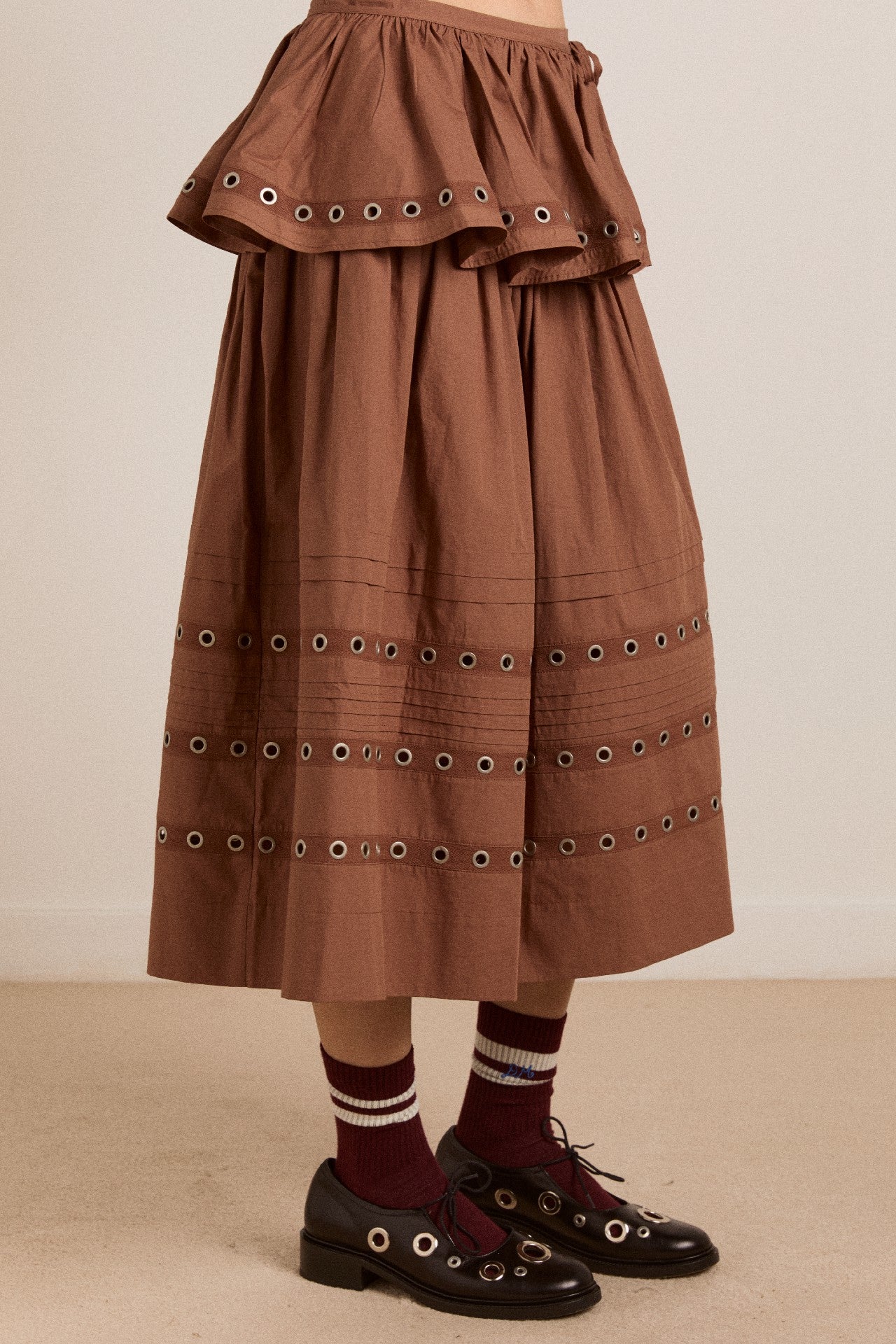Damson Madder anika eyelet skirt with ruffle belt- tan