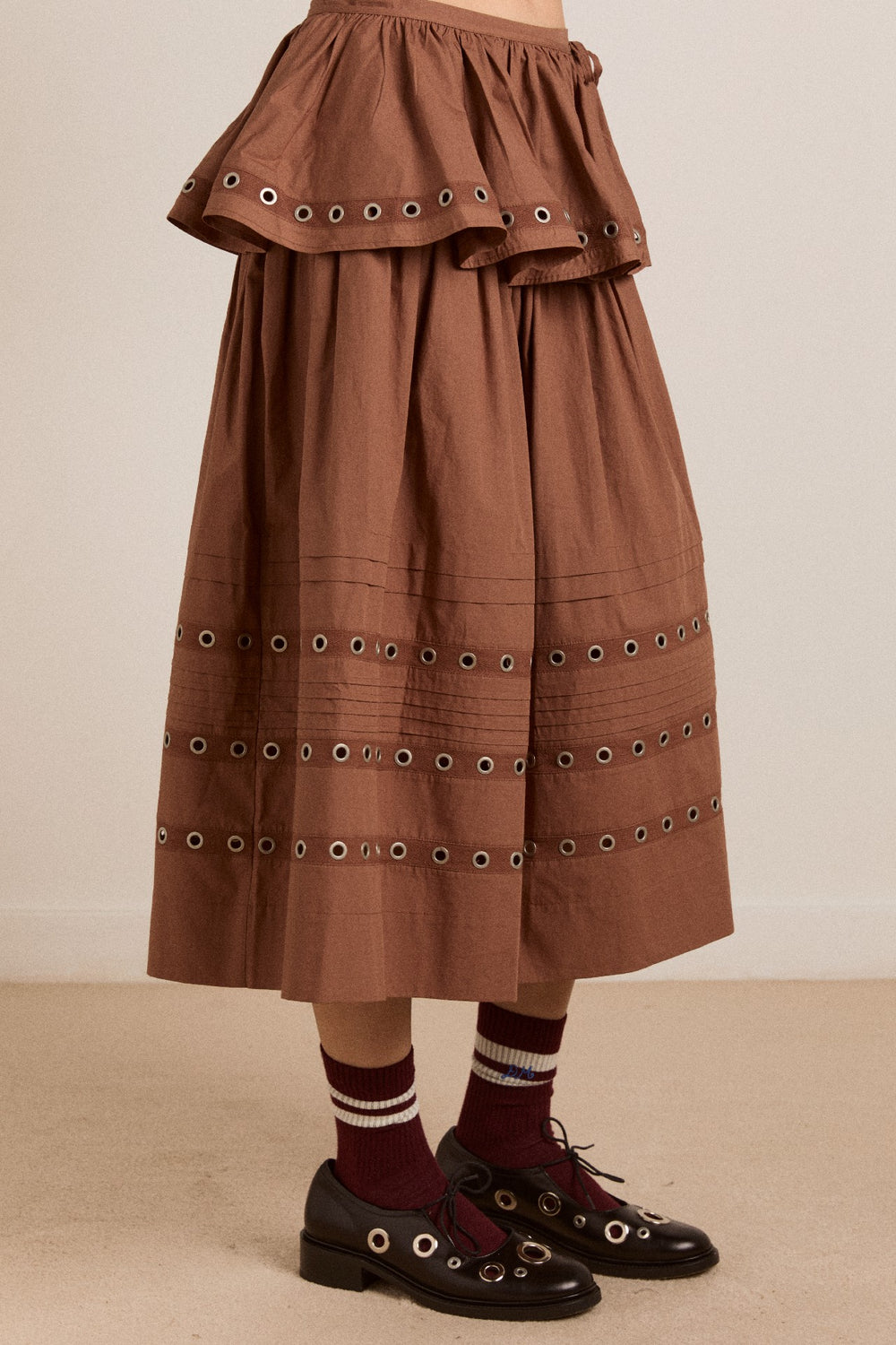 Damson Madder anika eyelet skirt with ruffle belt- tan