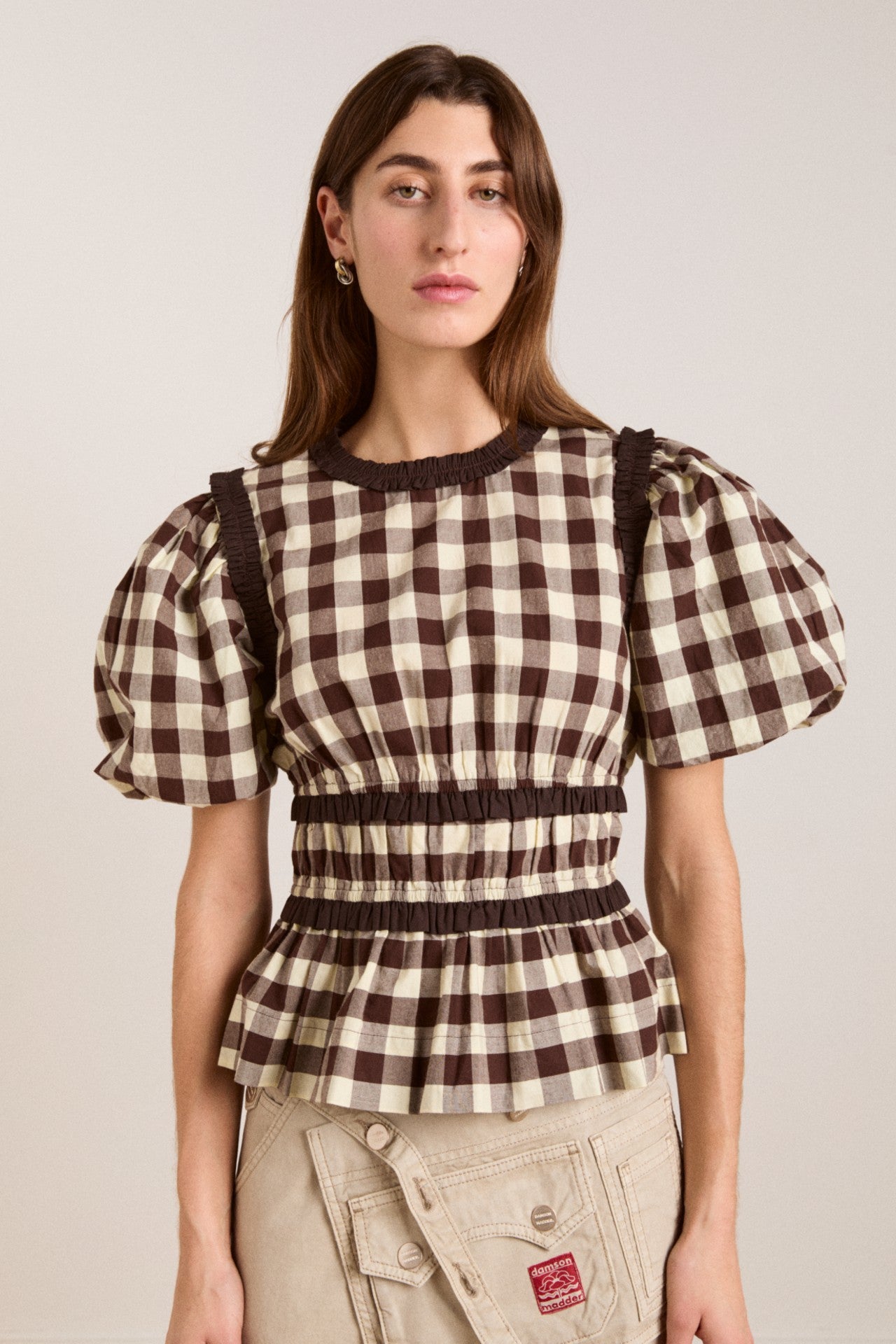 Damson Madder everly ruffle blouse - butter gingham
