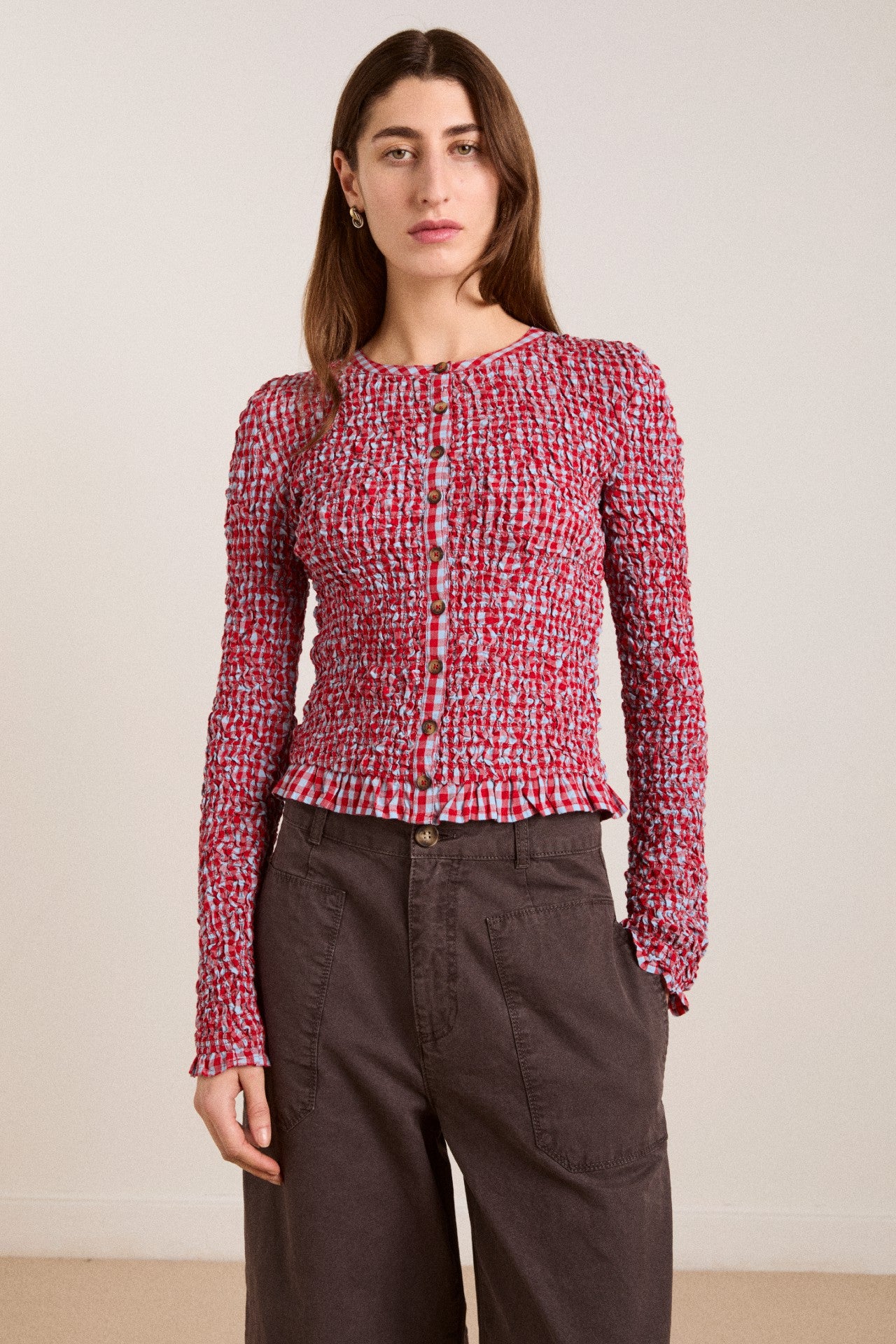 Damson Madder elliana smocked cardi - blue & red gingham