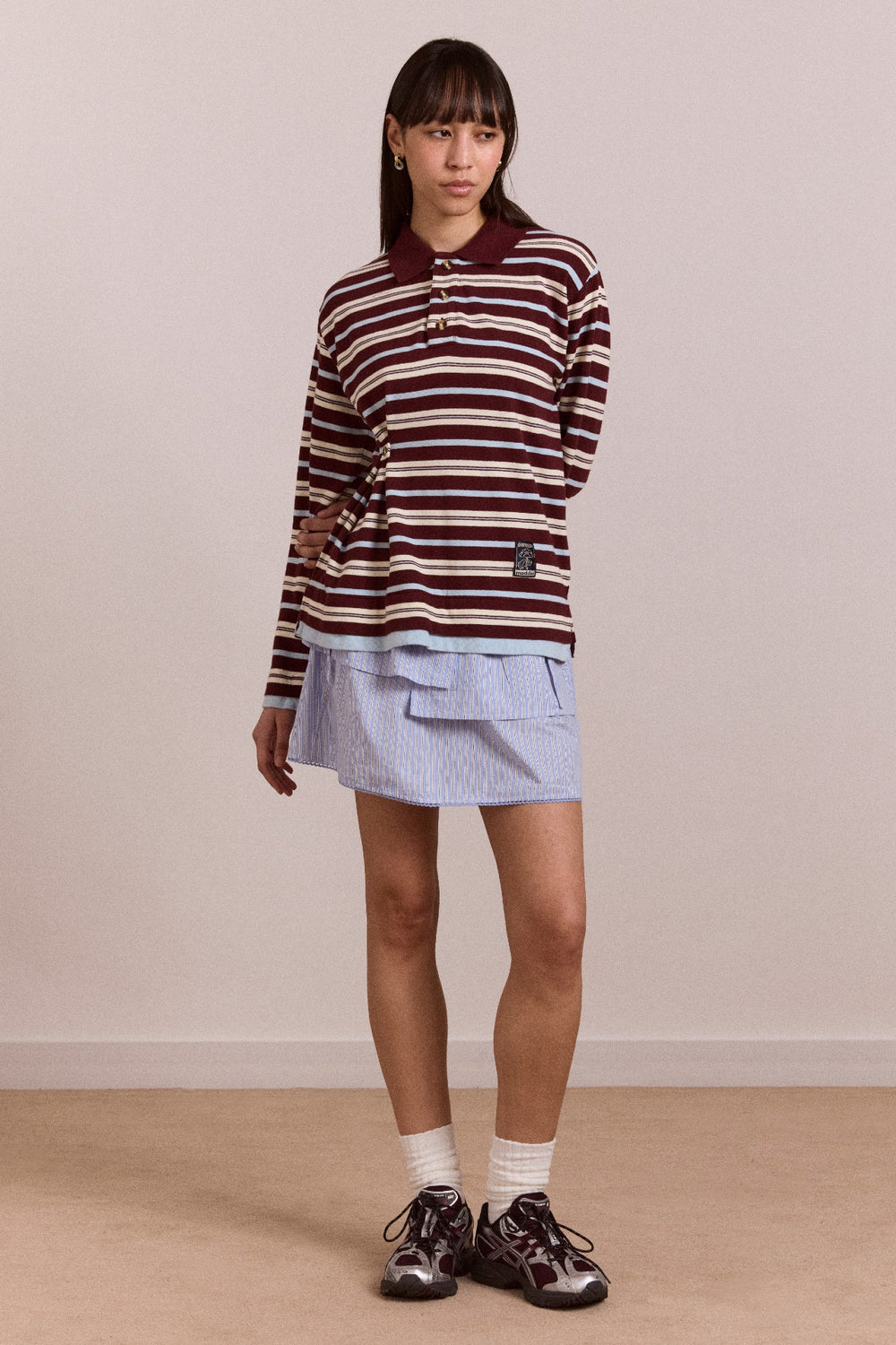 Damson Madder noah cinch layered rugby - choc stripe