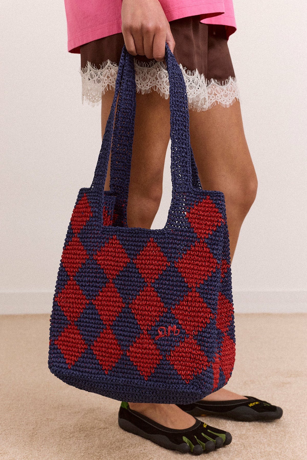 Damson Madder harlequinn raffia tote bag - navy & red