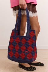 Damson Madder harlequinn raffia tote bag - navy & red
