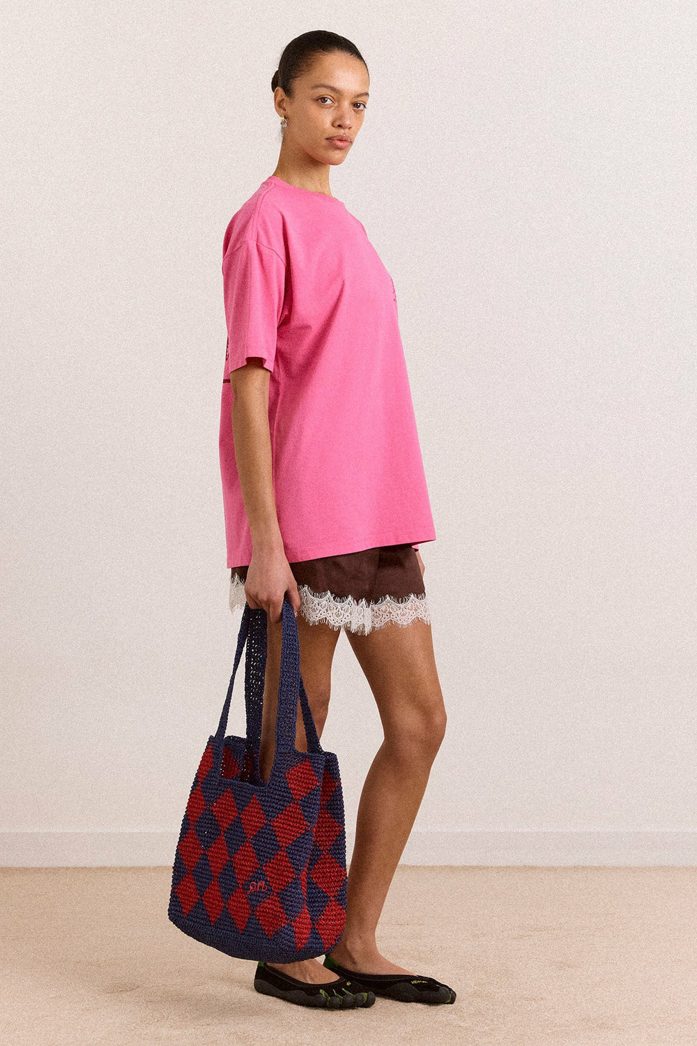 Damson Madder harlequinn raffia tote bag - navy & red