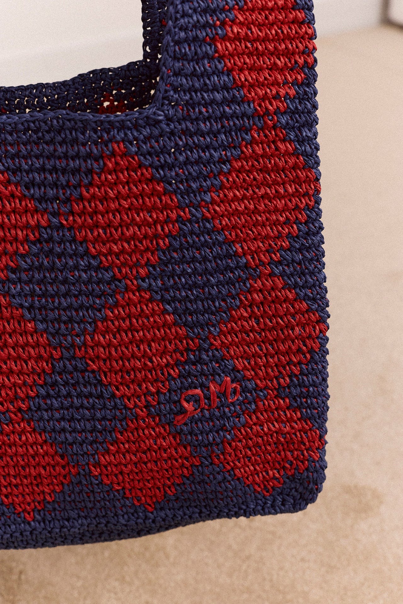 Damson Madder harlequinn raffia tote bag - navy & red