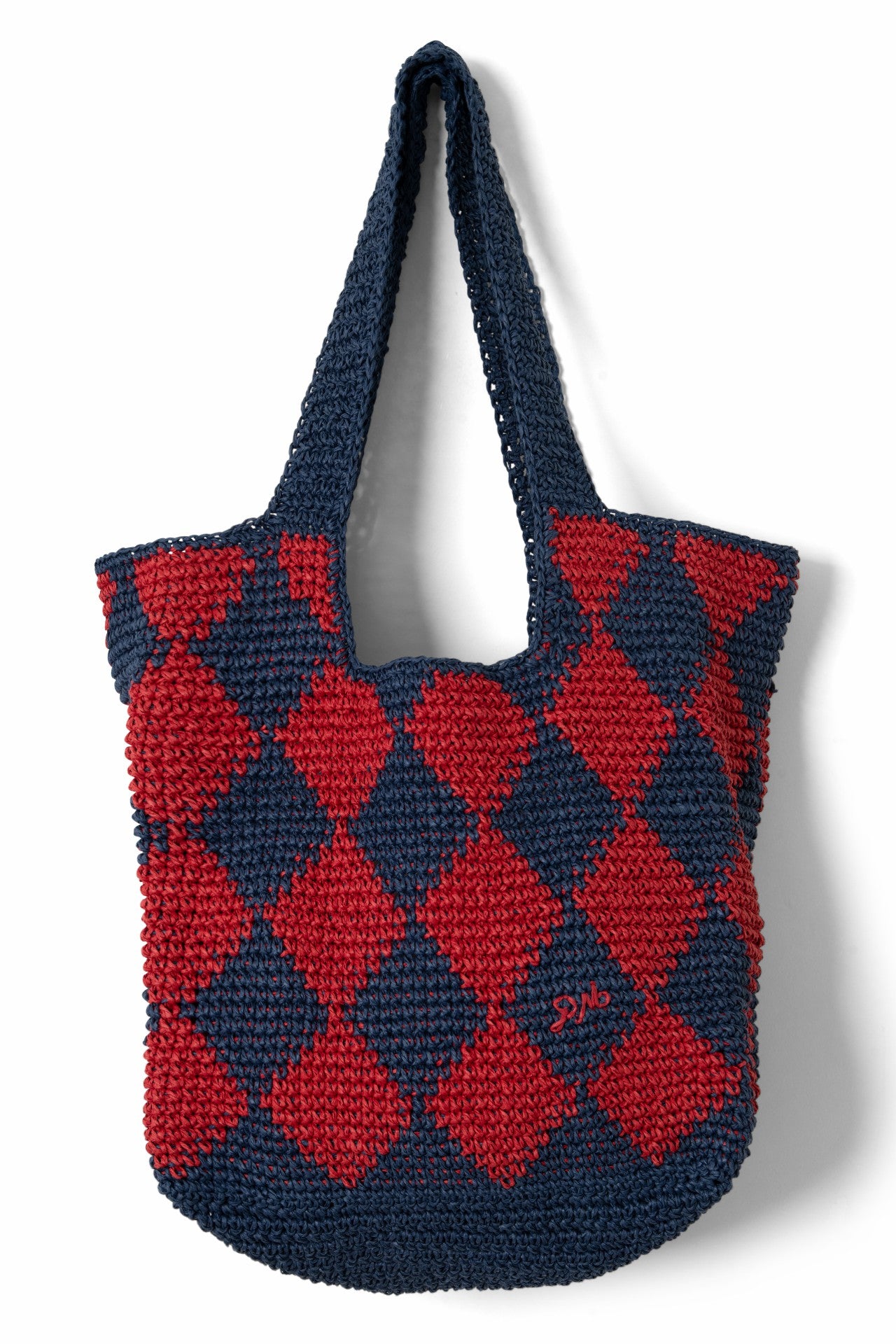 Damson Madder harlequinn raffia tote bag - navy & red