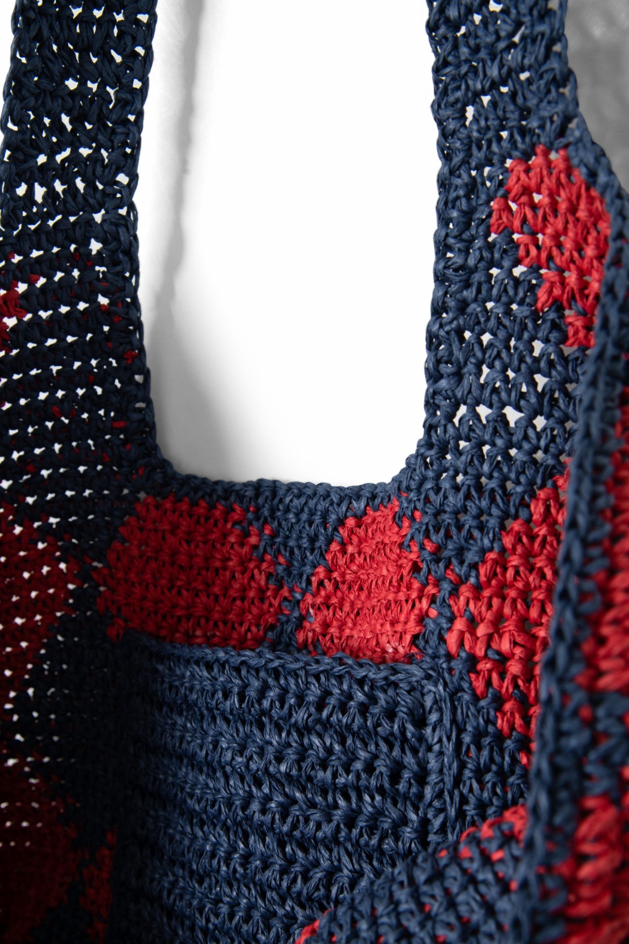 Damson Madder harlequinn raffia tote bag - navy & red