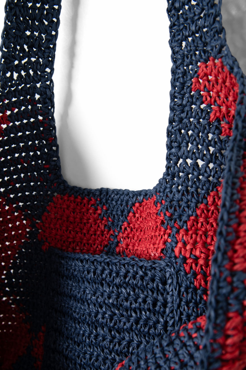 Damson Madder harlequinn raffia tote bag - navy & red