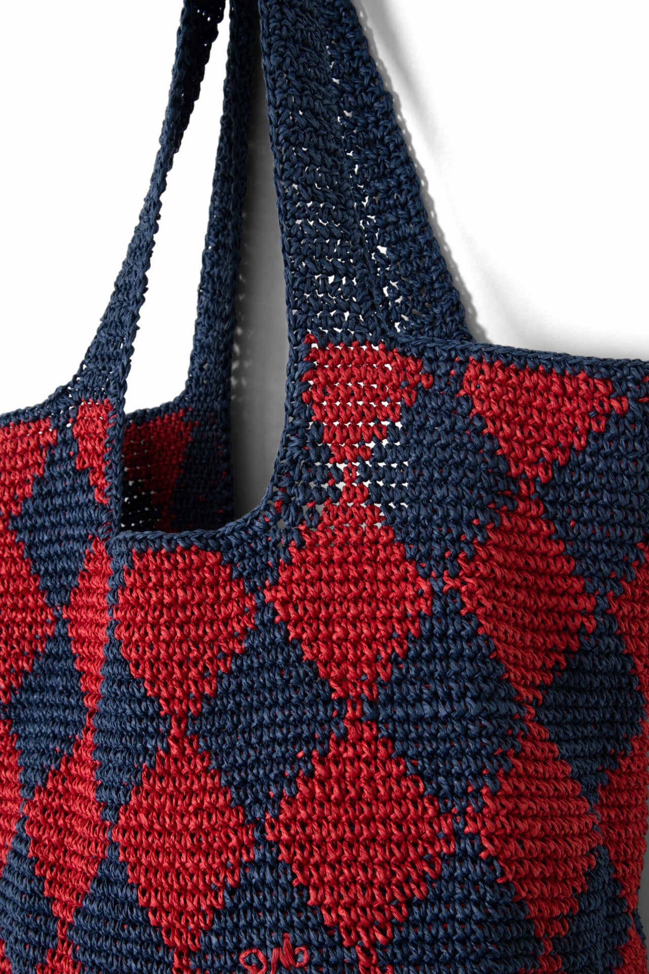 Damson Madder harlequinn raffia tote bag - navy & red