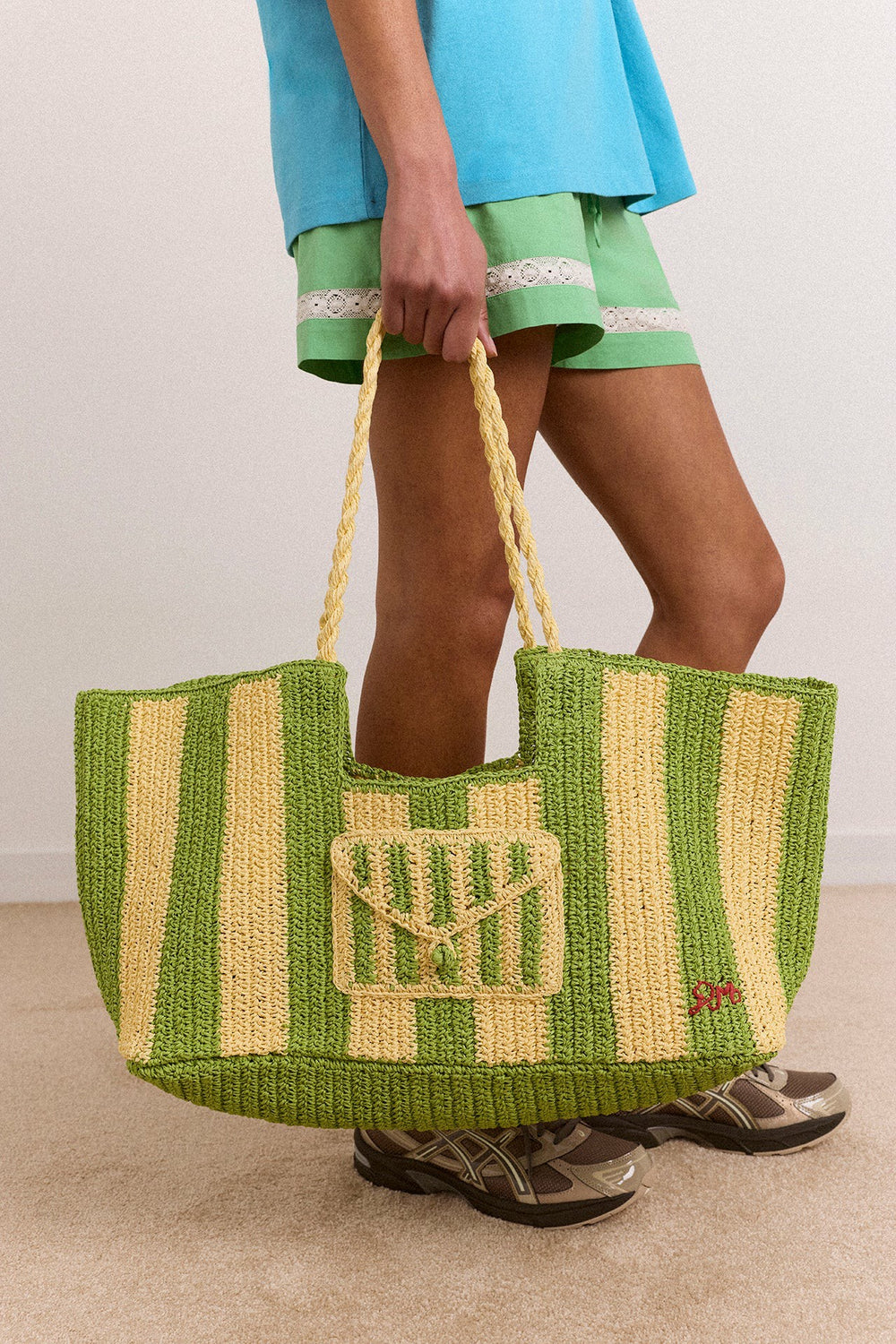 Damson Madder orla oversized raffia beach bag - apple stripe