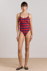 Damson Madder alora frill swimsuit - harlequin print