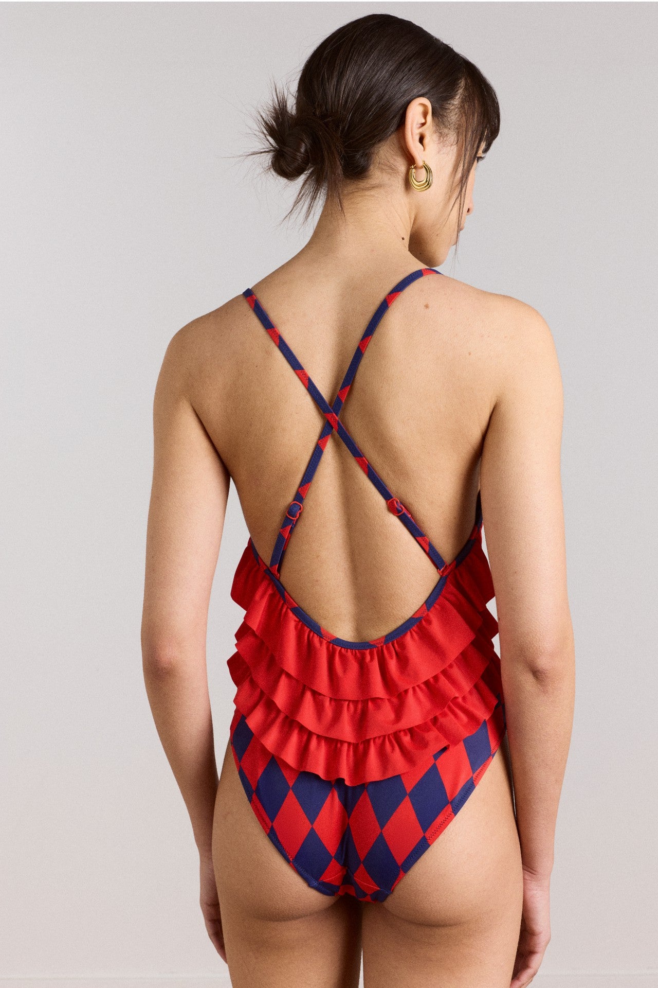 Damson Madder alora frill swimsuit - harlequin print