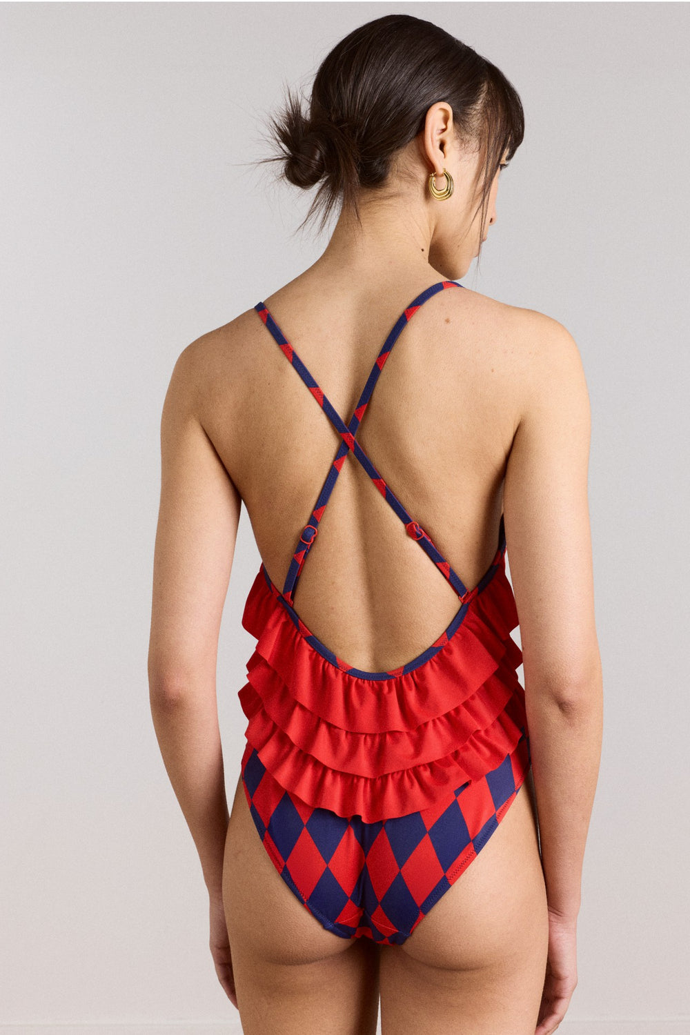 Damson Madder alora frill swimsuit - harlequin print