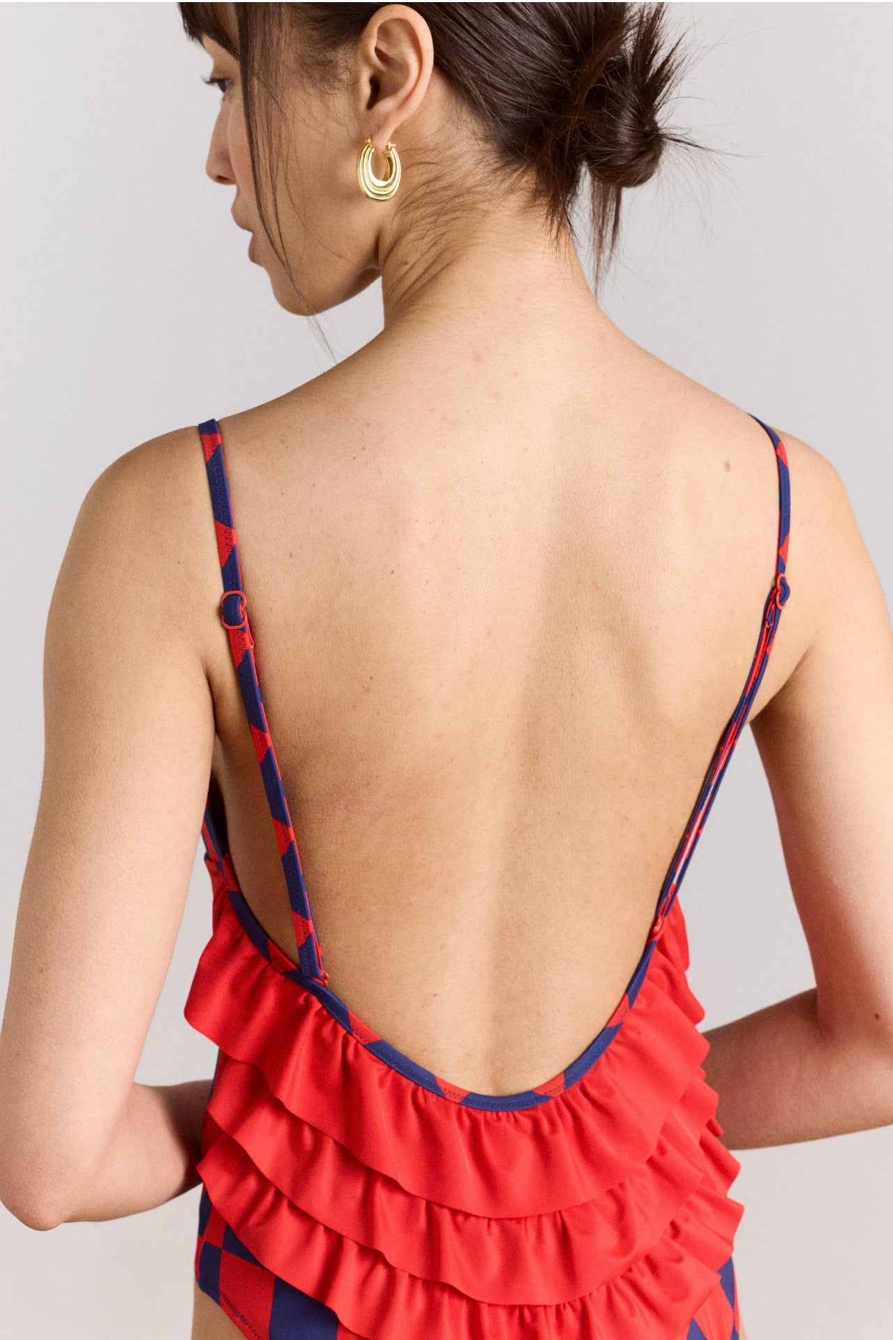 Damson Madder alora frill swimsuit - harlequin print