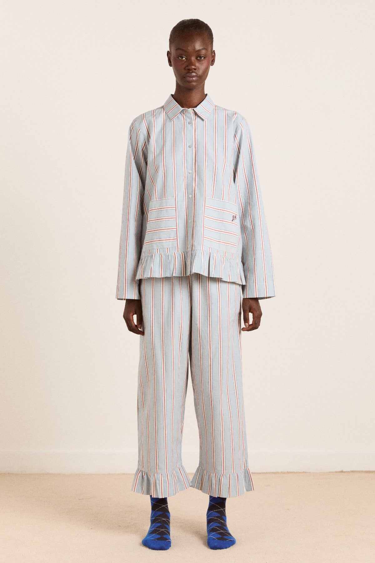 Damson Madder frill florie pj set - blue/burg stripe