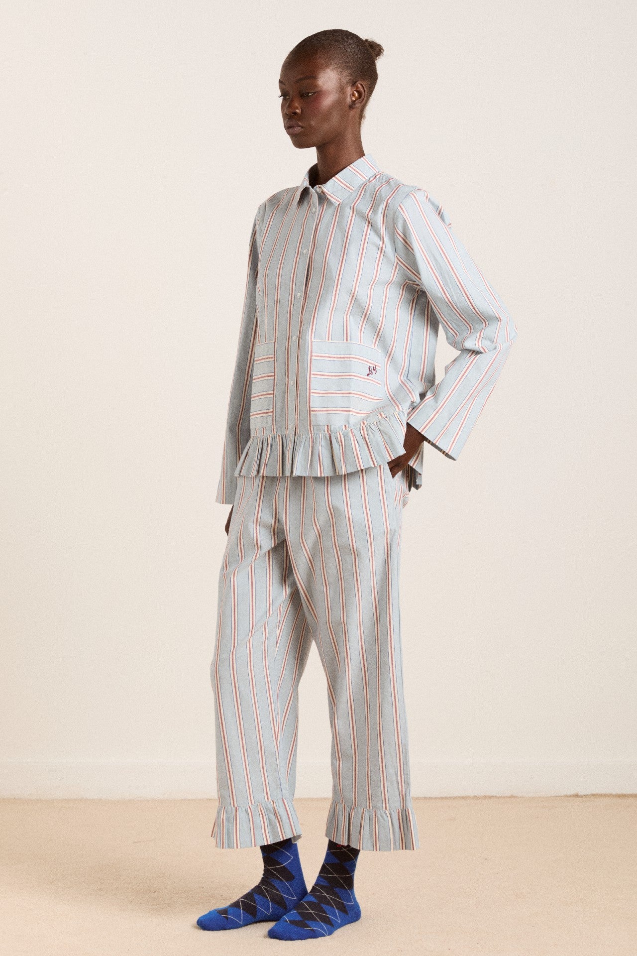 Damson Madder frill florie pj set - blue/burg stripe