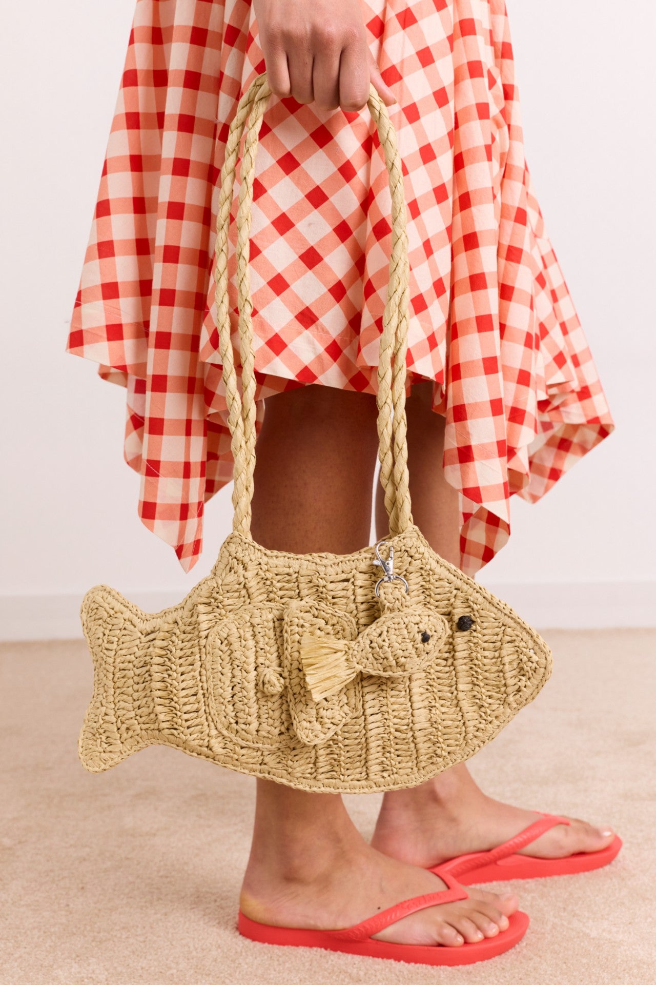 Damson Madder raffia fish bag with bag charm - natural