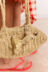 Damson Madder raffia fish bag with bag charm - natural