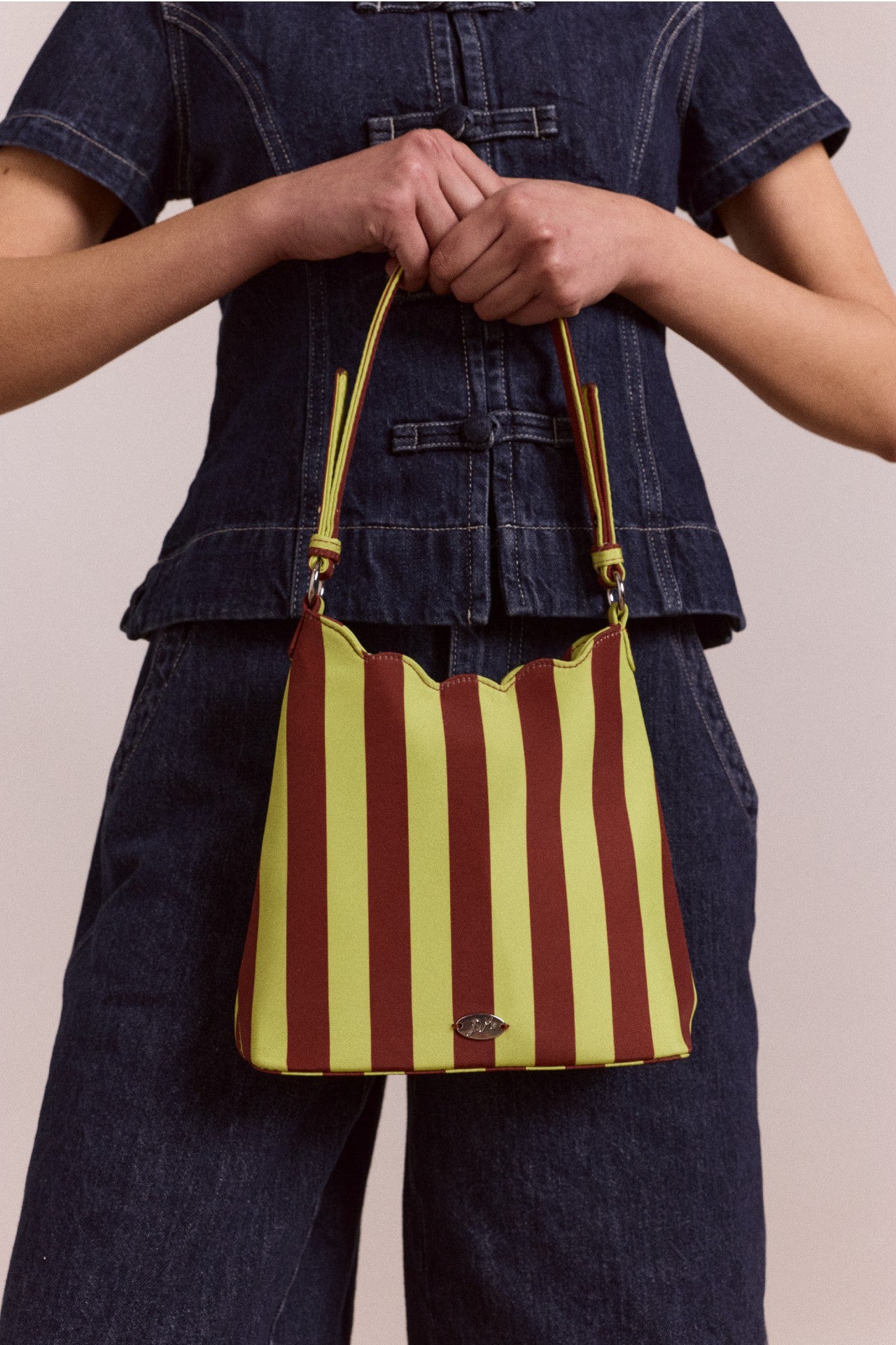 Damson Madder lorelai bag - avocado & chocolate stripe