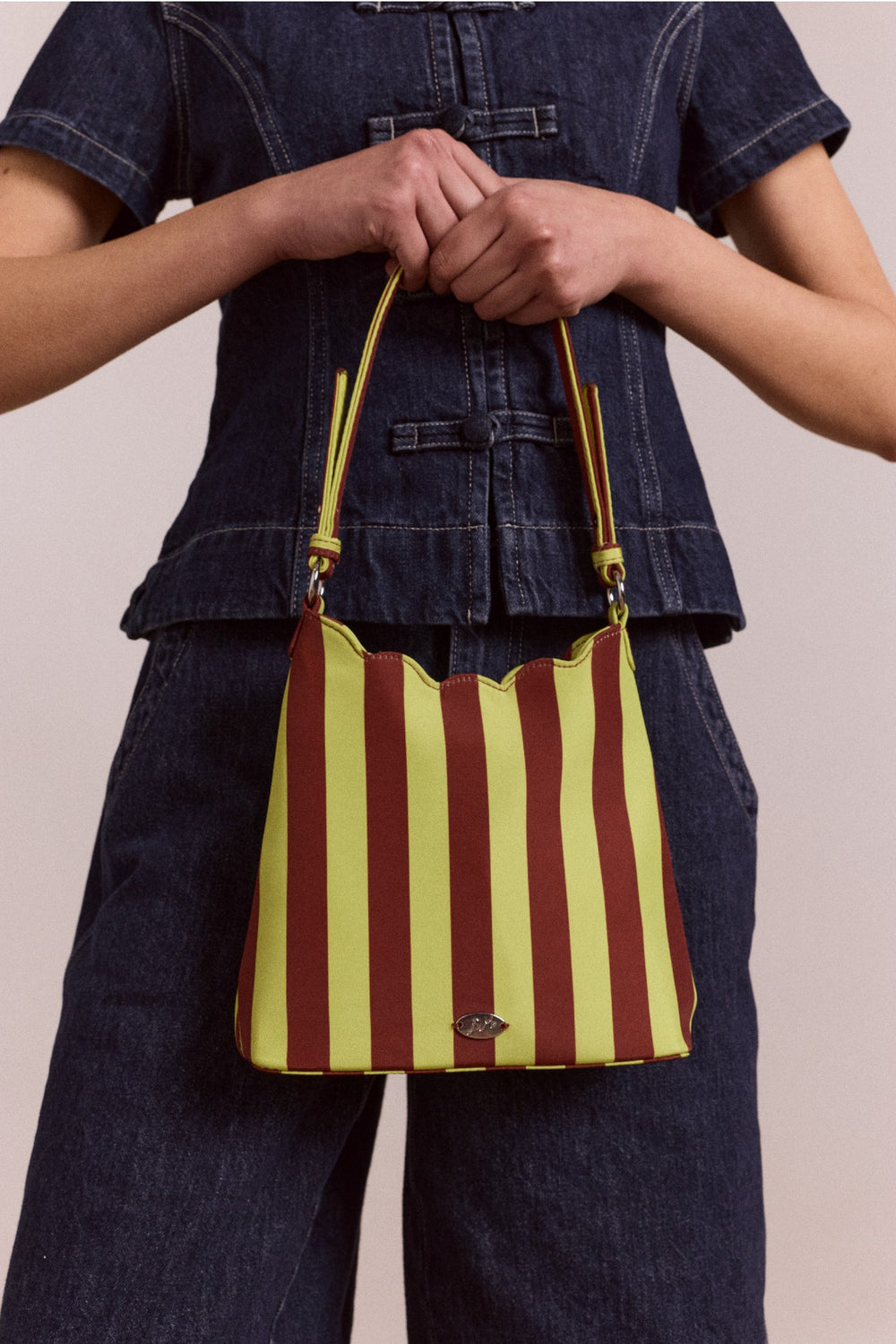 Damson Madder lorelai bag - avocado & chocolate stripe