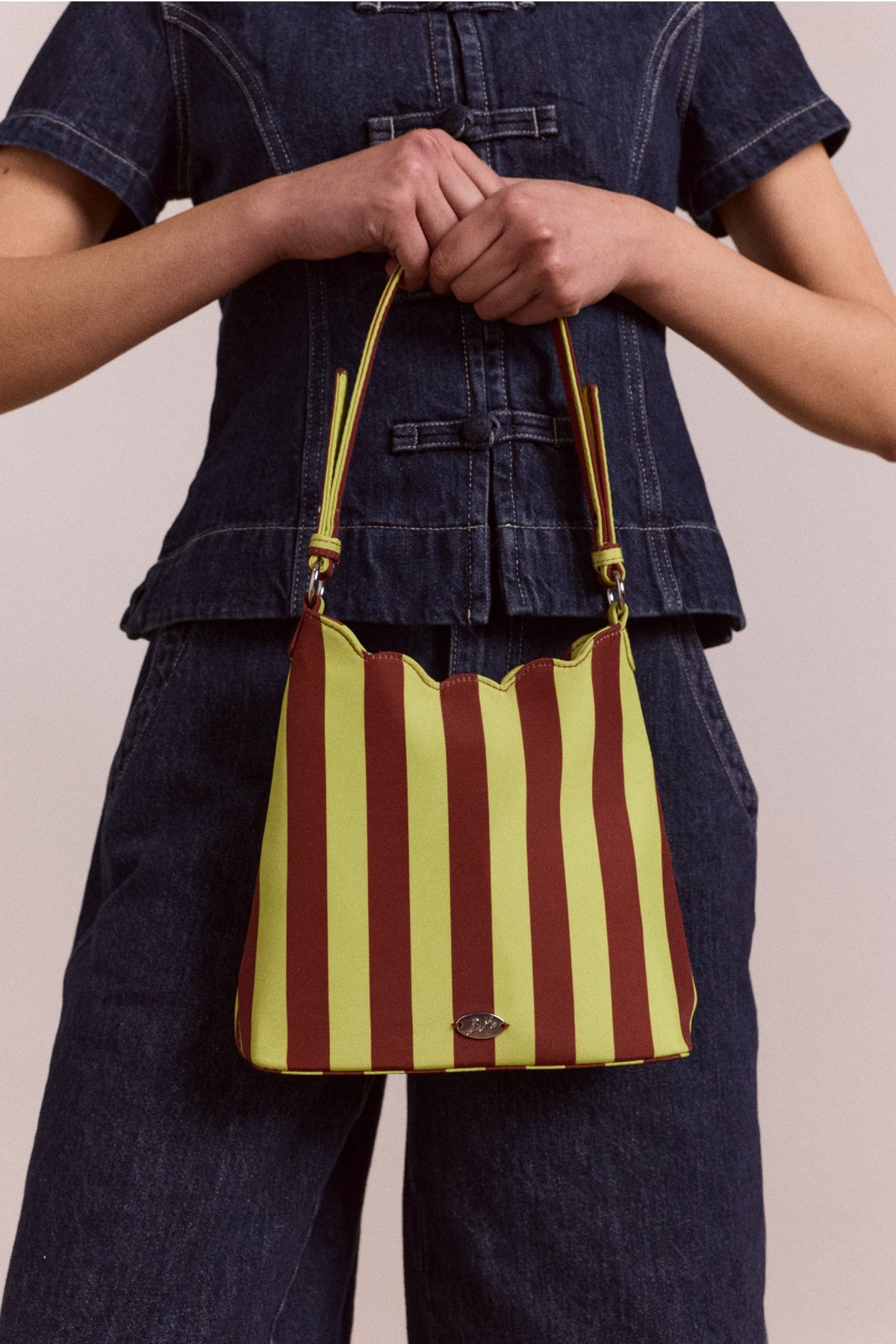 Damson Madder lorelai bag - avocado & chocolate stripe