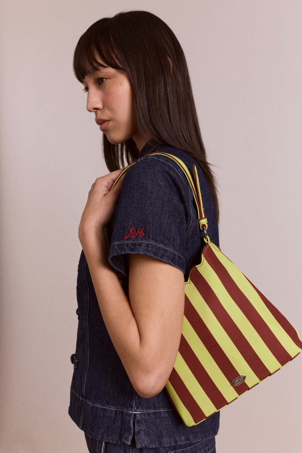 Damson Madder lorelai bag - avocado & chocolate stripe