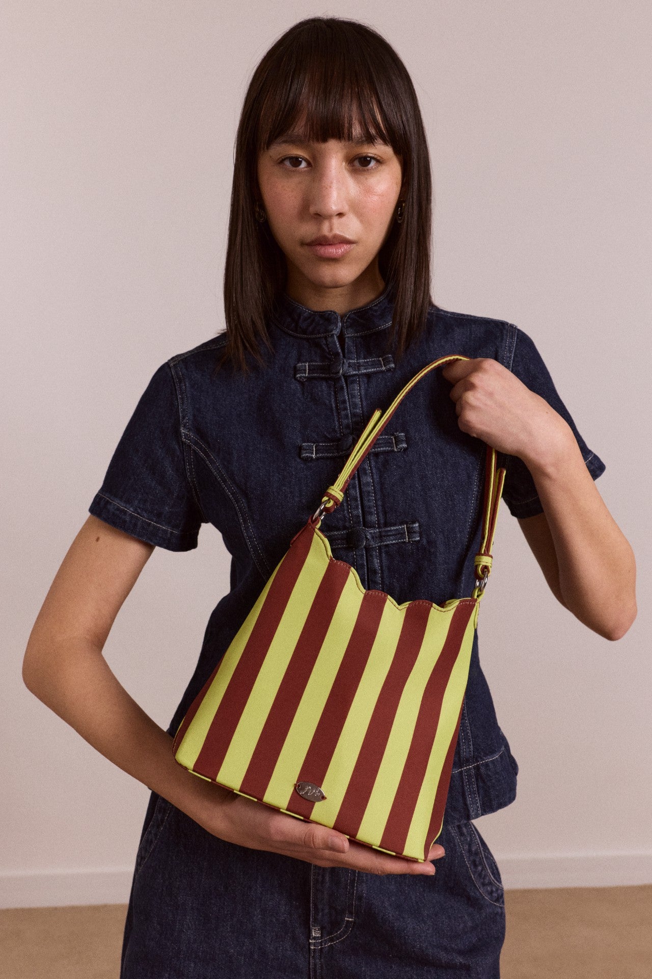 Damson Madder lorelai bag - avocado & chocolate stripe