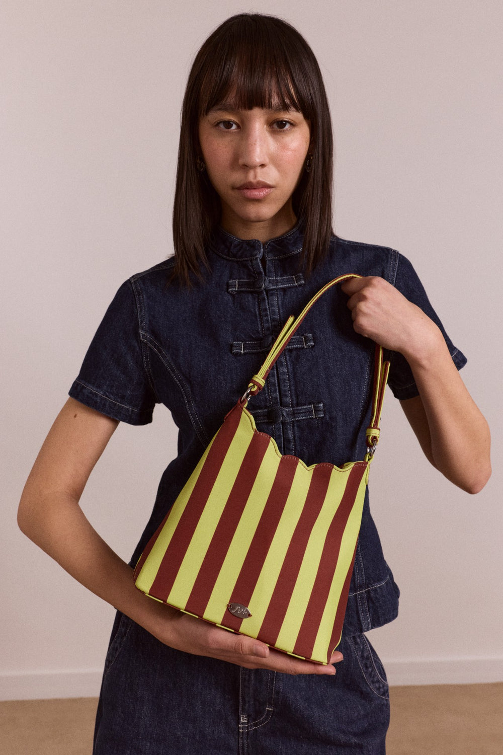 Damson Madder lorelai bag - avocado & chocolate stripe